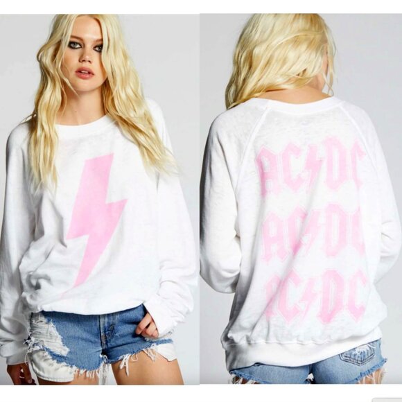 Recycled Karma ACDC Pink Lightning Bolt Long Sleeve Sweatshirt, White XS NEW - Picture 1 of 8
